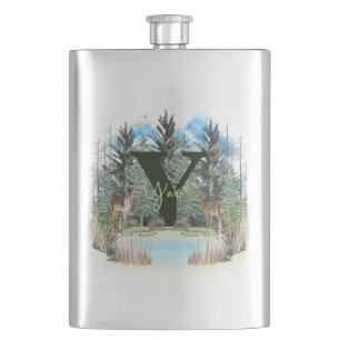 Aquarellhirsch personalisierter Monogramm Buchstab Flachmann