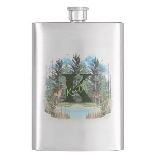 Aquarellhirsch personalisierter Monogramm Buchstab Flachmann