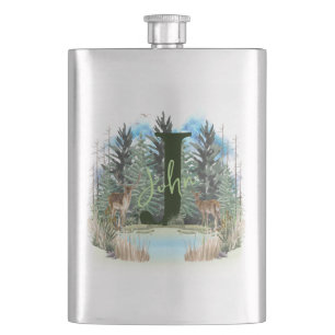 Aquarellhirsch personalisiertes Monogramm Buchstab Flachmann