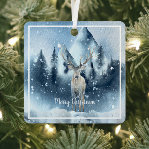 Aquarellhirsch und Schnee, maßgeschneiderter Feier Ornament Aus Metall