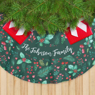 Aquarellholz, Pine, Rote Berries + Familienname Polyester Weihnachtsbaumdecke