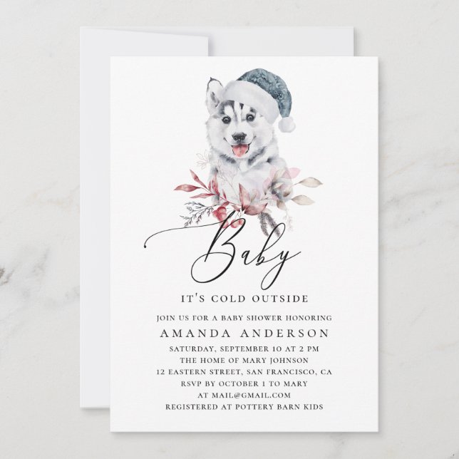 Aquarellholz Winterhund. Babydusche Einladung (Vorderseite)