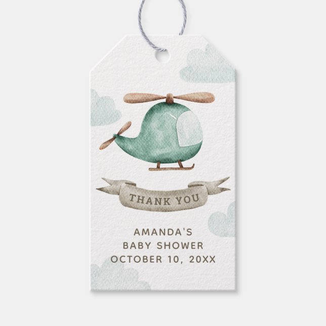 Aquarellhubschrauber | Boy Baby Shower Vielen Dank Geschenkanhänger (Vorderseite)
