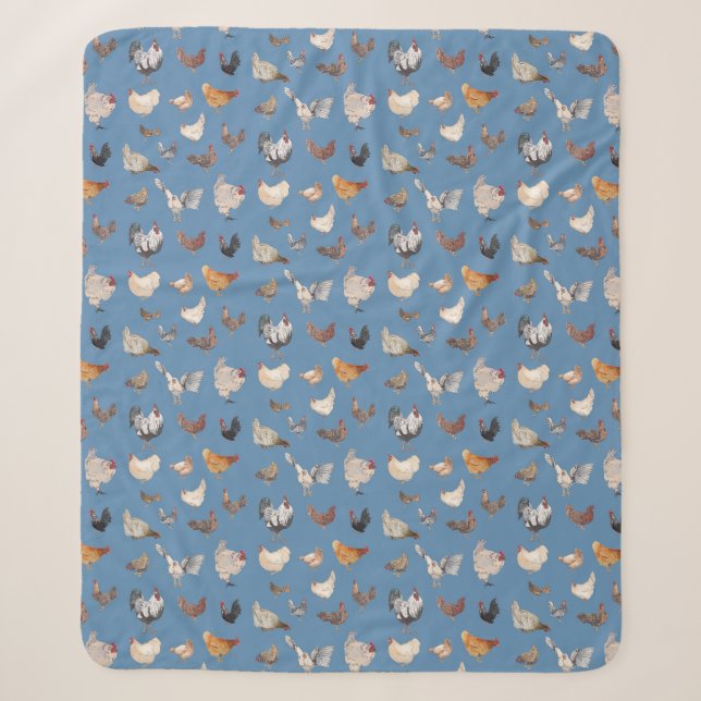 Aquarellhühner drucken Denim Blue Sherpadecke (Vorderseite)