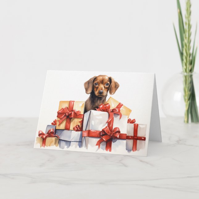 Aquarellhund Hinter Weihnachtsgeschenken Karte (Vorderseite)