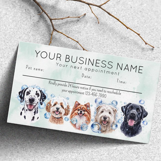 Aquarellhunde-Blasen mit Visitenkarte (Appointment card dog grooming bathing dogs bubbles. happy dogs)