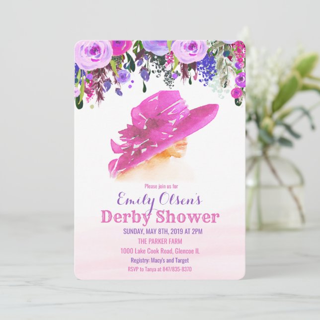 Aquarellhut Floral Derby Dusche Einladung (Stehend Vorderseite)