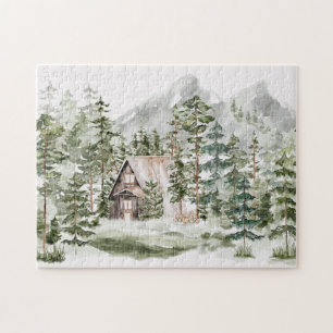 Aquarellhütte im grünen Kiefernwald