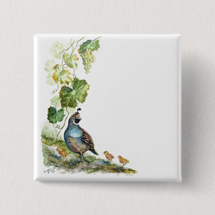 Aquarellierte Kalifornische Wachtelfamilie mit Tra Button