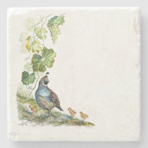 Aquarellierte Wachtelfamilie mit Trauben in Kalifo Steinuntersetzer
