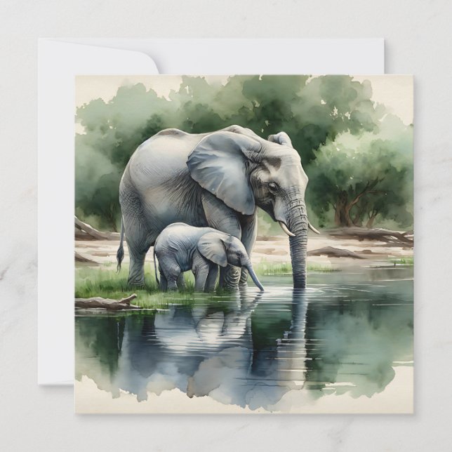Aquarellillustration von Mama und Baby Elephant (Vorderseite)