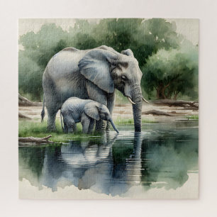 Aquarellillustration von Mama und Baby Elephant