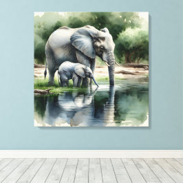 Aquarellillustration von Mama und Baby Elephant Leinwanddruck