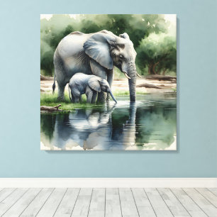 Aquarellillustration von Mama und Baby Elephant Leinwanddruck