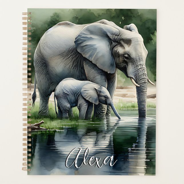 Aquarellillustration von Mama und Baby Elephant Planer (Vorderseite)