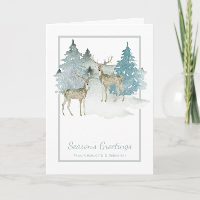 Aquarellirsche in Bäumen Weihnachtswinterlandschaf Karte (Vorderseite)