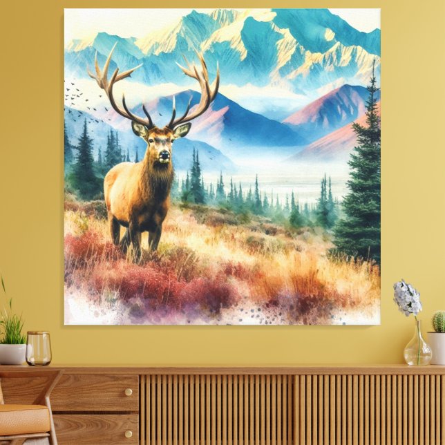 Aquarellirsche mit Antlern Leinwanddruck (Insitu (Wohnzimmer))