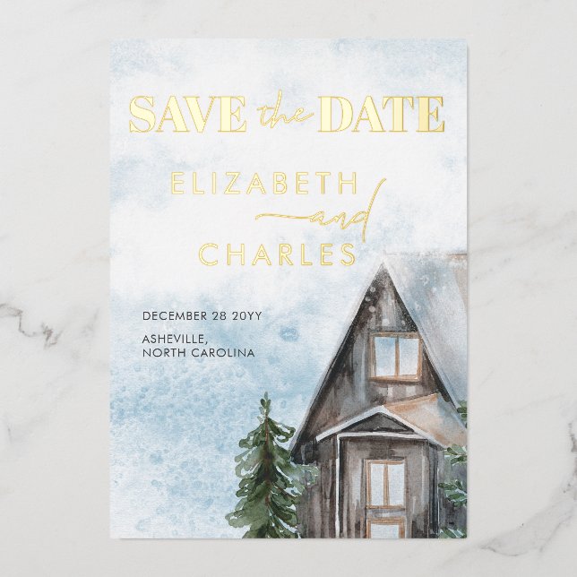 Aquarellkabine Rustikaler Winter Save the Date Folieneinladung (Vorderseite)