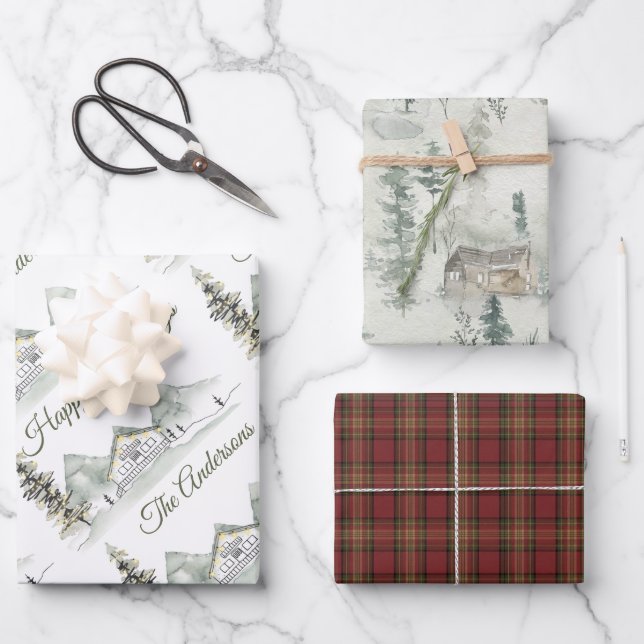 Aquarellkabine Urlaub Kariert Geschenkpapier Set (Vorderseite)