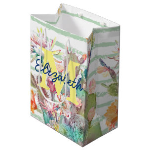 Aquarellkaktus, Blumenmuster und Streifen Mittlere Geschenktüte