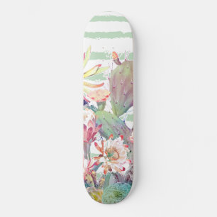Aquarellkaktus, Blumenmuster und Streifen Skateboard