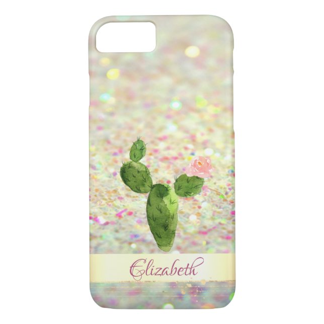 Aquarellkaktus Glittery Bokeh - Personalisiert Case-Mate iPhone Hülle (Rückseite)