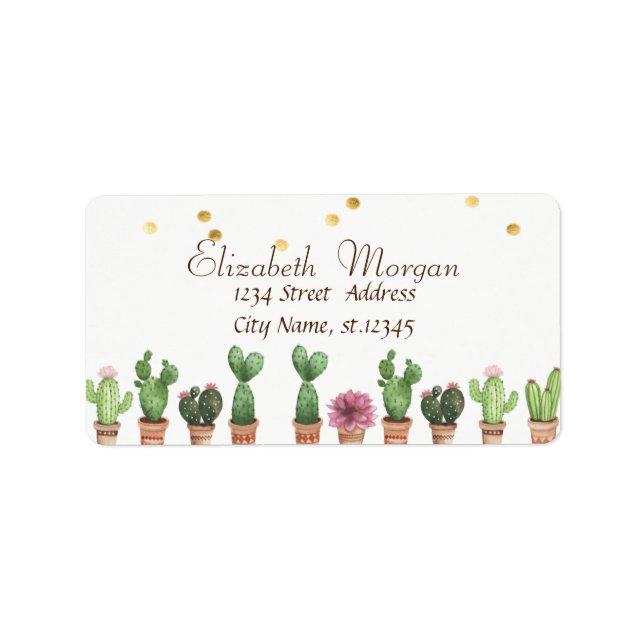 Aquarellkaktus, Imitate Goldene Foil Confetti Adressaufkleber (Vorne)