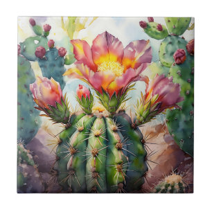 Aquarellkaktus mit dynamischen Wüsten-Blume Fliese