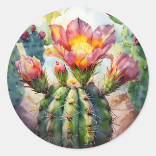 Aquarellkaktus mit dynamischen Wüsten-Blume Runder Aufkleber