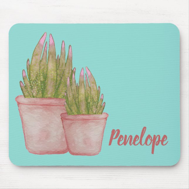 Aquarellkaktus mit Ihrem Namen Rosa und Aqua Mousepad (Vorne)