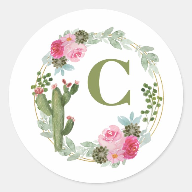 Aquarellkaktus Rosa Blumenreath Personalisiert Runder Aufkleber (Vorderseite)
