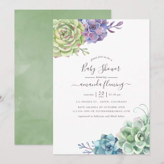 Aquarellkaktus Succulents Babydusche Einladung (Vorne/Hinten)
