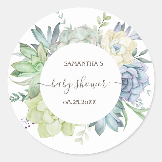 Aquarellkaktus Succulents Babydusche Runder Aufkleber (Vorderseite)