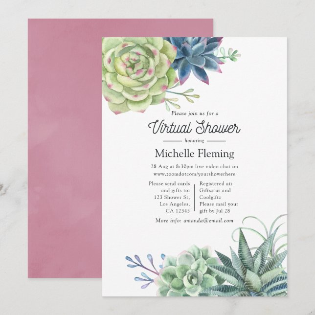 Aquarellkaktus Succulents Virtual Baby Shower Einladung (Vorne/Hinten)