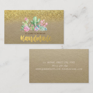 Aquarellkaktus, Sukkulenter Gold-Glitzer Visitenkarte