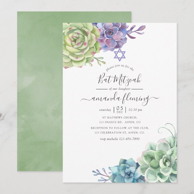 Aquarellkaktus Sukkulents Bat Mitzvah Einladung (Vorne/Hinten)