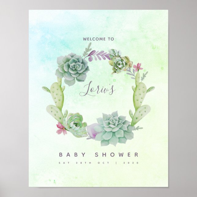 Aquarellkaktus Sukkulents Kinderdusche Willkommen Poster (Vorne)