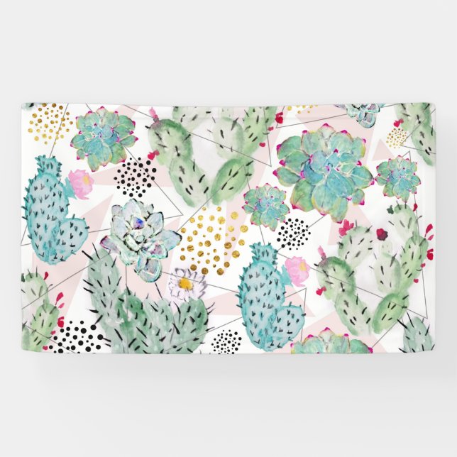Aquarellkaktus und Dreiecksmuster Banner (Horizontal)