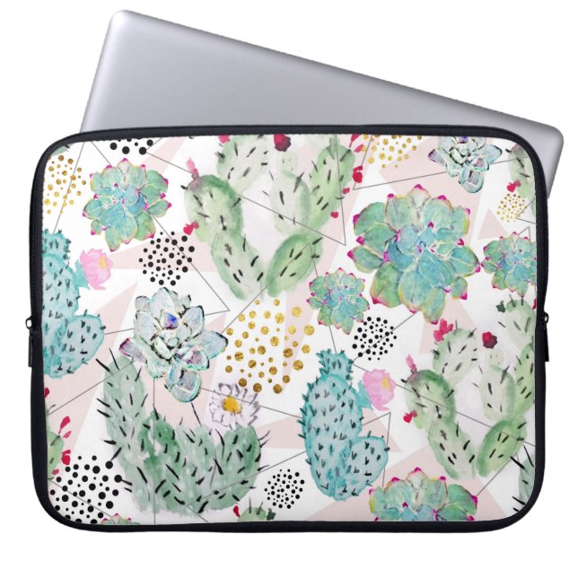 Aquarellkaktus und Dreiecksmuster Laptopschutzhülle (Vorderseite)