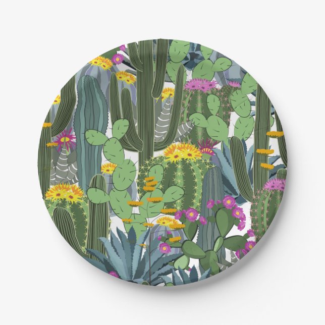 Aquarellkaktus und Kakteen-Blume  Pappteller (Vorderseite)