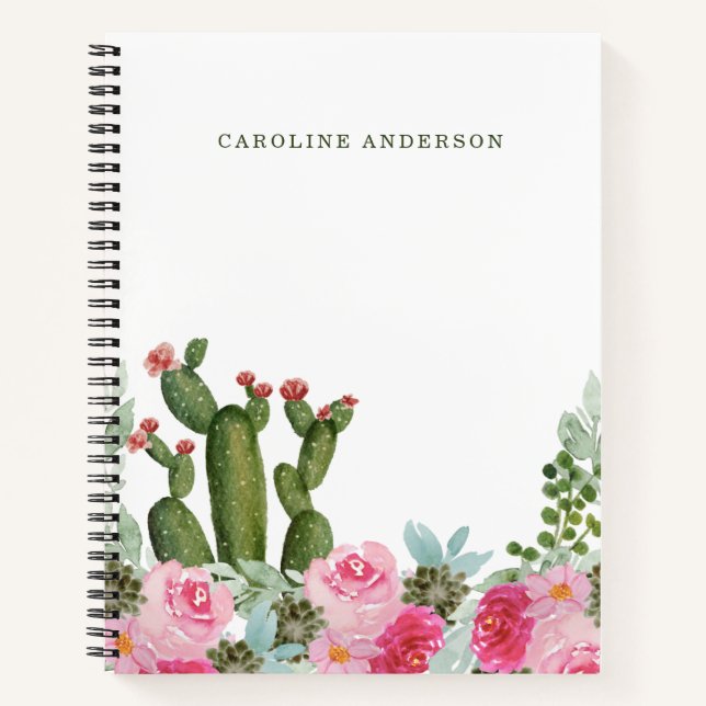 Aquarellkaktus und rosa Blume Personalisiert  Notizbuch (Vorderseite)