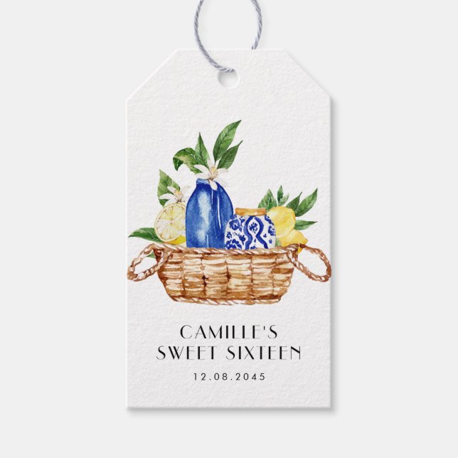Aquarellkalk Lemon Mittelmeerkörbe Süß 16 Geschenkanhänger (Vorderseite)