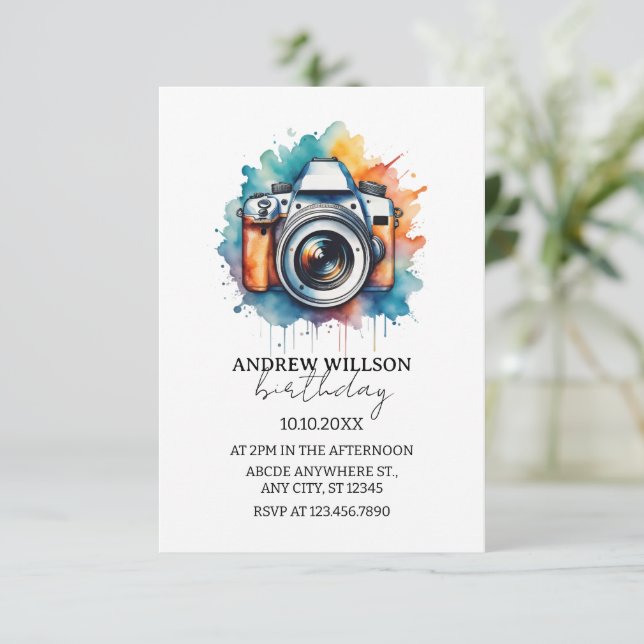 Aquarellkamera-Fotograf BIRTHDAY Einladung (Stehend Vorderseite)