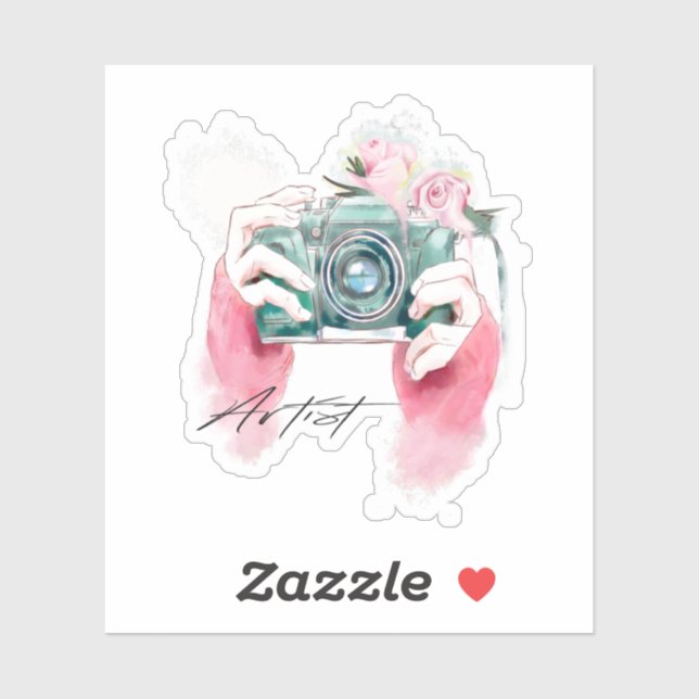 Aquarellkamera mit rosa Blume Aufkleber (Blatt)