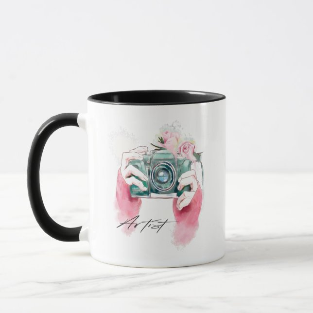 Aquarellkamera mit rosa Blume Tasse (Links)
