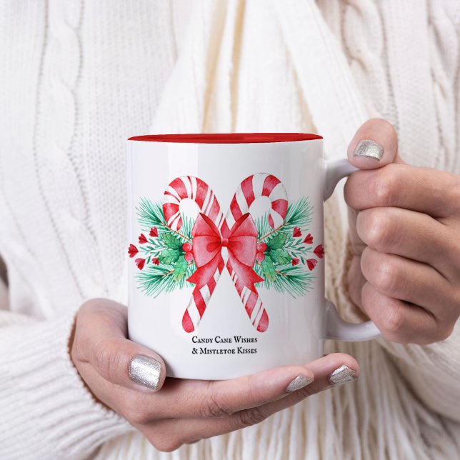 Aquarellkandy Canes und Red Bow Weihnachten Zweifarbige Tasse (Watercolor Candy Canes and Red Bow Christmas Two-Tone Coffee Mug)