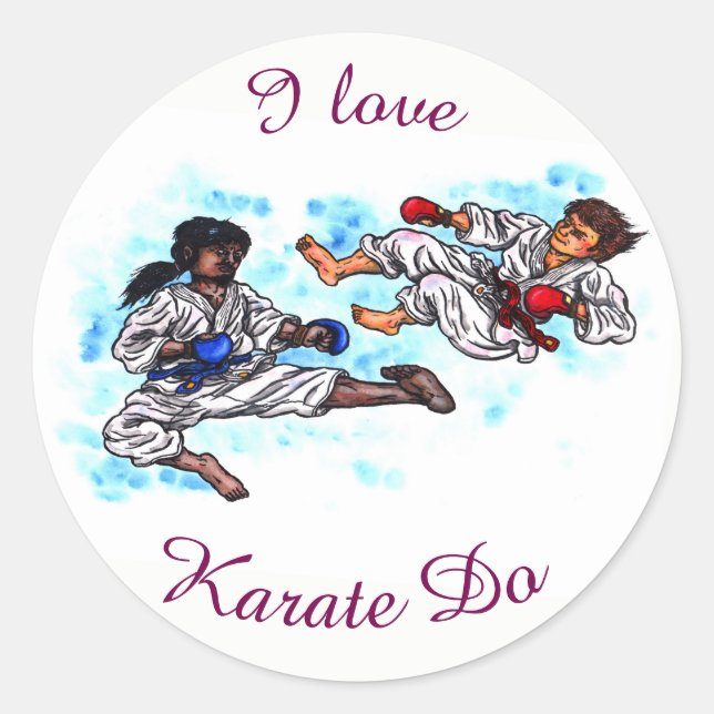 Aquarellkarate-Männer kämpfen um Wettkampf Runder Aufkleber (Vorderseite)