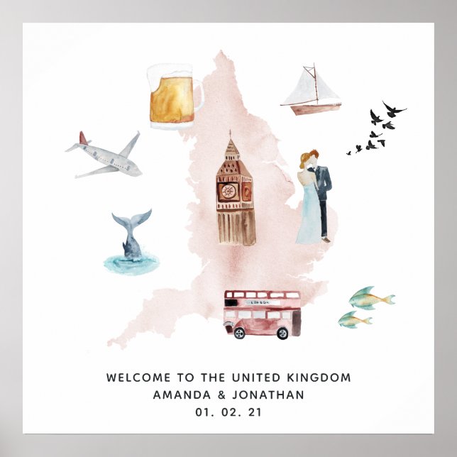 Aquarellkarte der britischen Hochzeit in Urlaubsor Poster (Vorne)