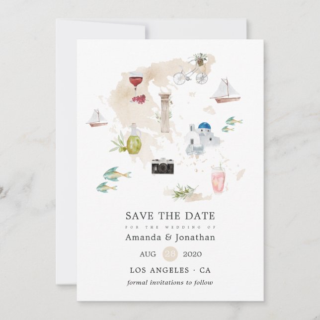 Aquarellkarte der griechischen Hochzeit in Urlaubs Save The Date (Vorderseite)