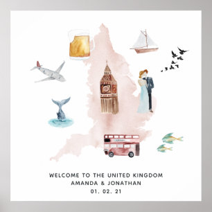 Aquarellkarte der UK-Zielhochzeit Willkommen Poster
